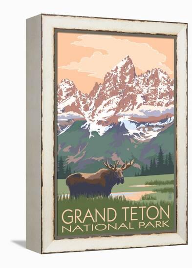 Grand Teton National Park - Moose and Mountains-Lantern Press-Framed Stretched Canvas