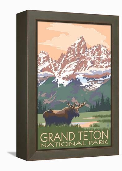 Grand Teton National Park - Moose and Mountains-Lantern Press-Framed Stretched Canvas