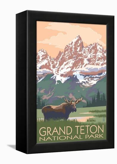 Grand Teton National Park - Moose and Mountains-Lantern Press-Framed Stretched Canvas