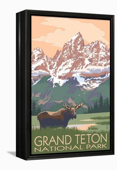 Grand Teton National Park - Moose and Mountains-Lantern Press-Framed Stretched Canvas