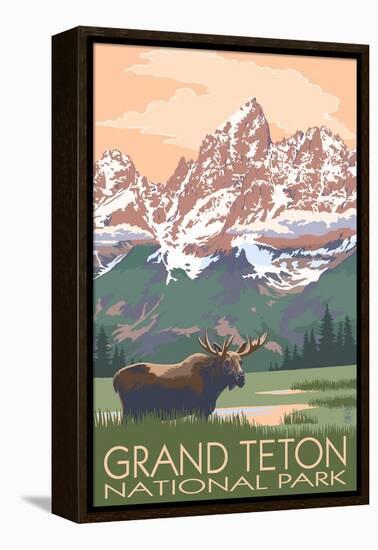 Grand Teton National Park - Moose and Mountains-Lantern Press-Framed Stretched Canvas