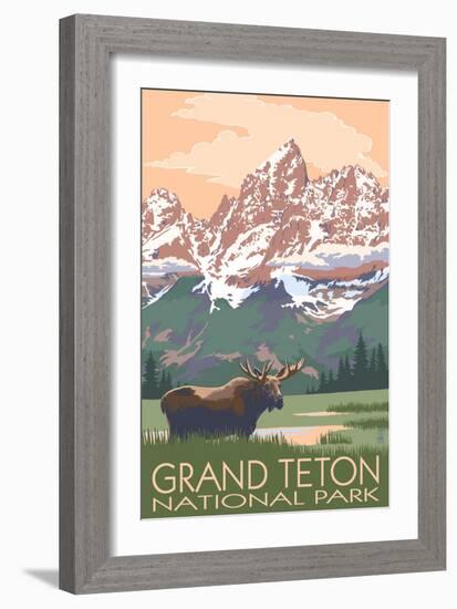 Grand Teton National Park - Moose and Mountains-Lantern Press-Framed Premium Giclee Print