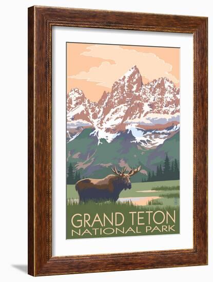 Grand Teton National Park - Moose and Mountains-Lantern Press-Framed Premium Giclee Print
