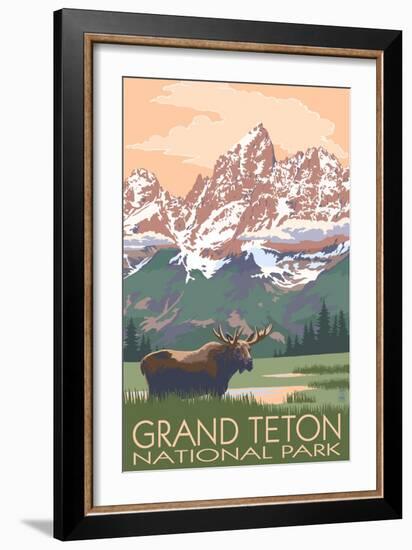 Grand Teton National Park - Moose and Mountains-Lantern Press-Framed Premium Giclee Print