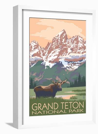 Grand Teton National Park - Moose and Mountains-Lantern Press-Framed Premium Giclee Print