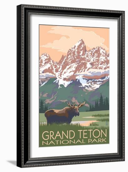 Grand Teton National Park - Moose and Mountains-Lantern Press-Framed Premium Giclee Print