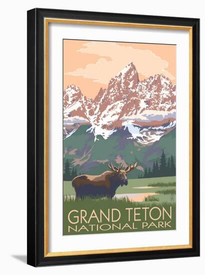 Grand Teton National Park - Moose and Mountains-Lantern Press-Framed Premium Giclee Print