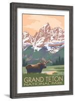 Grand Teton National Park - Moose and Mountains-Lantern Press-Framed Art Print