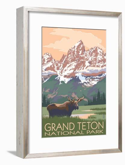 Grand Teton National Park - Moose and Mountains-Lantern Press-Framed Art Print