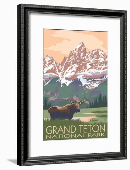 Grand Teton National Park - Moose and Mountains-Lantern Press-Framed Art Print