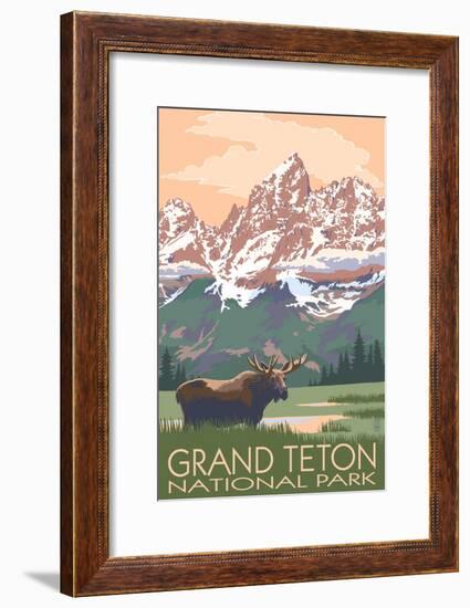 Grand Teton National Park - Moose and Mountains-Lantern Press-Framed Art Print