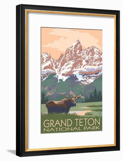 Grand Teton National Park - Moose and Mountains-Lantern Press-Framed Art Print