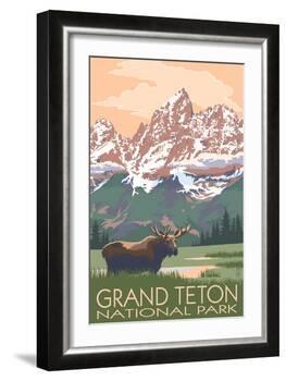 Grand Teton National Park - Moose and Mountains-Lantern Press-Framed Art Print