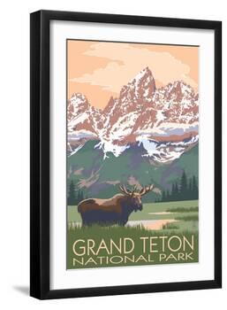 Grand Teton National Park - Moose and Mountains-Lantern Press-Framed Art Print