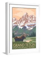 Grand Teton National Park - Moose and Mountains-Lantern Press-Framed Art Print