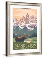 Grand Teton National Park - Moose and Mountains-Lantern Press-Framed Art Print