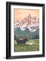 Grand Teton National Park - Moose and Mountains-Lantern Press-Framed Art Print