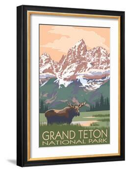 Grand Teton National Park - Moose and Mountains-Lantern Press-Framed Art Print