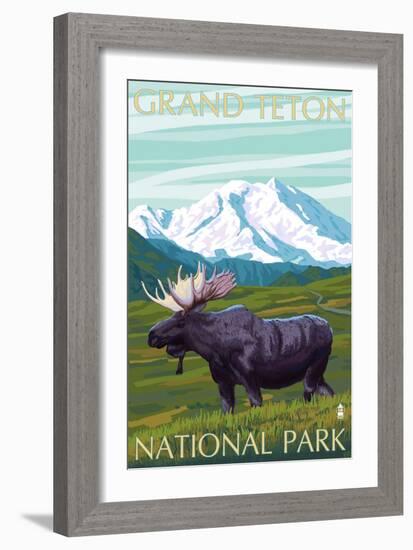 Grand Teton National Park, Wyoming, Moose and Mountains-Lantern Press-Framed Art Print