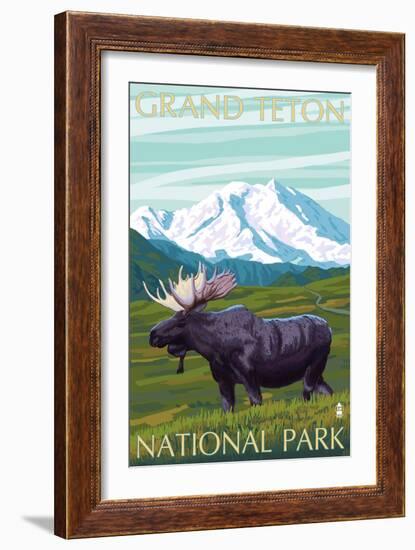 Grand Teton National Park, Wyoming, Moose and Mountains-Lantern Press-Framed Art Print