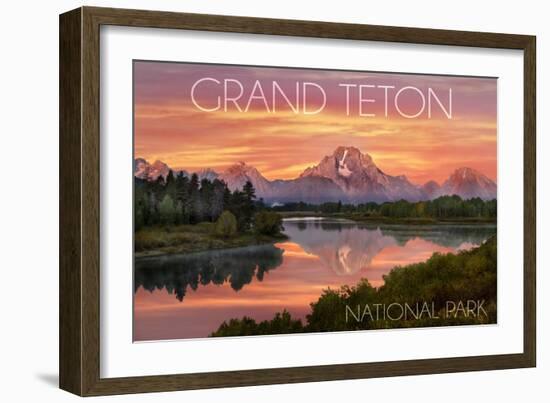 Grand Teton National Park, Wyoming - Sunset and Mountains-Lantern Press-Framed Art Print