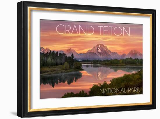 Grand Teton National Park, Wyoming - Sunset and Mountains-Lantern Press-Framed Art Print