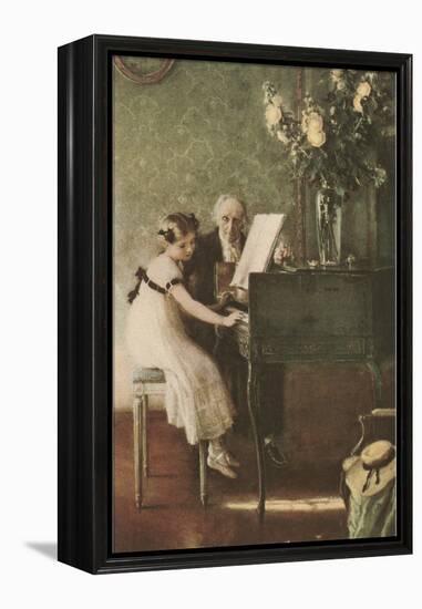 Grandfather Teaching Girl Pianoforte-null-Framed Stretched Canvas