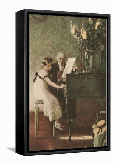 Grandfather Teaching Girl Pianoforte-null-Framed Stretched Canvas