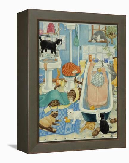 Grandma and 10 cats in the bathroom-Linda Benton-Framed Premier Image Canvas