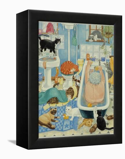 Grandma and 10 cats in the bathroom-Linda Benton-Framed Premier Image Canvas