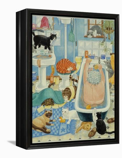 Grandma and 10 cats in the bathroom-Linda Benton-Framed Premier Image Canvas
