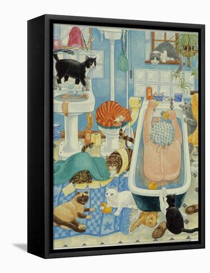 Grandma and 10 cats in the bathroom-Linda Benton-Framed Premier Image Canvas