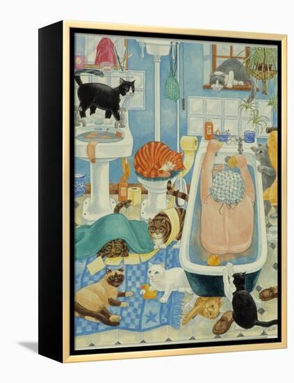 Grandma and 10 cats in the bathroom-Linda Benton-Framed Premier Image Canvas