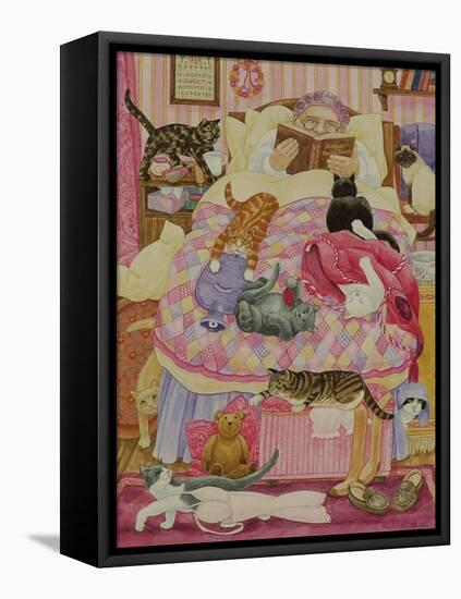 Grandma and 10 cats in the bedroom-Linda Benton-Framed Premier Image Canvas