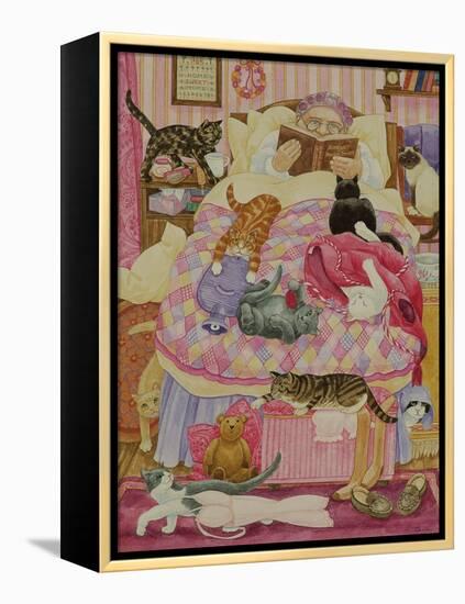 Grandma and 10 cats in the bedroom-Linda Benton-Framed Premier Image Canvas