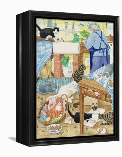 Grandma and 10 Cats in the Kitchen-Linda Benton-Framed Premier Image Canvas