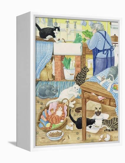 Grandma and 10 Cats in the Kitchen-Linda Benton-Framed Premier Image Canvas