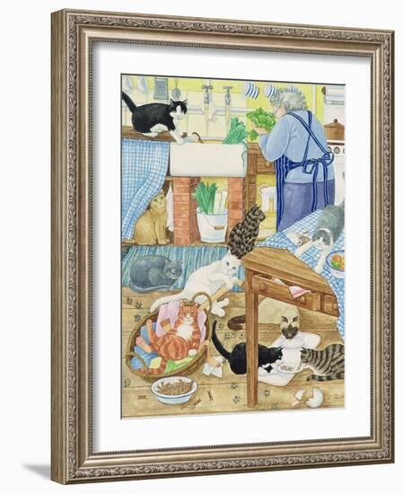 Grandma and 10 Cats in the Kitchen-Linda Benton-Framed Premium Giclee Print