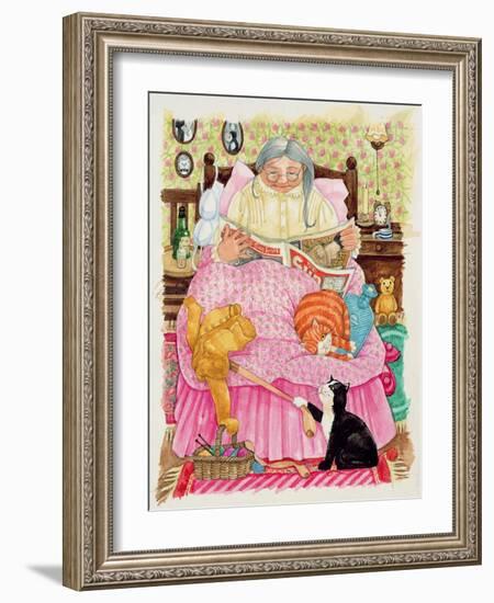 Grandma and 2 Cats and a Pink Bed-Linda Benton-Framed Giclee Print