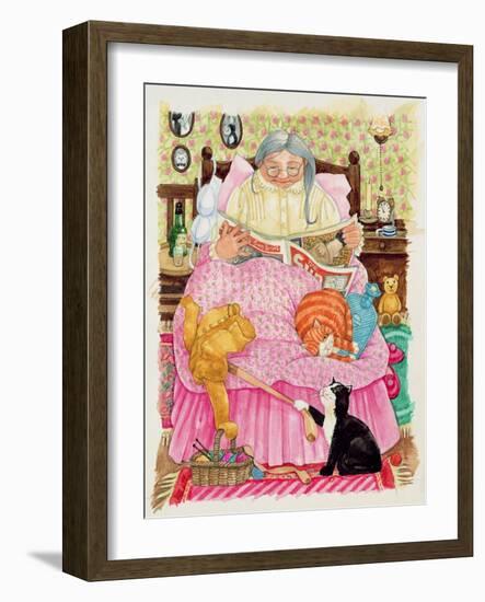 Grandma and 2 Cats and a Pink Bed-Linda Benton-Framed Giclee Print