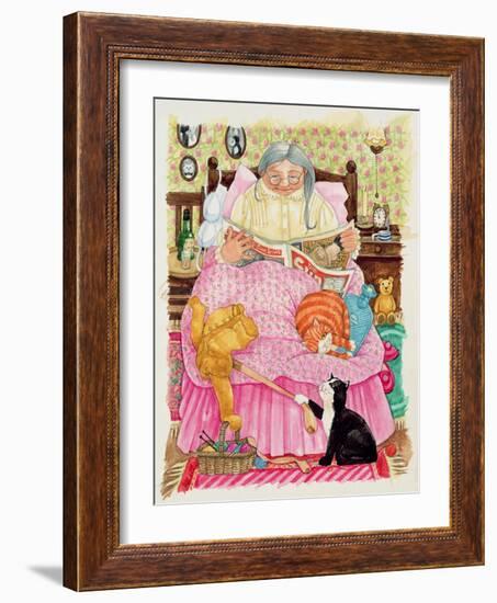 Grandma and 2 Cats and a Pink Bed-Linda Benton-Framed Giclee Print