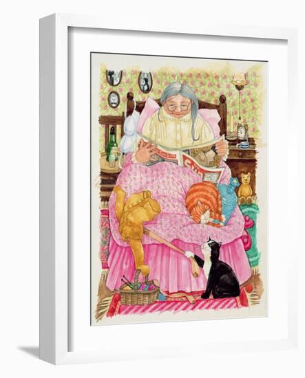 Grandma and 2 Cats and a Pink Bed-Linda Benton-Framed Giclee Print