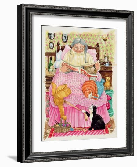 Grandma and 2 Cats and a Pink Bed-Linda Benton-Framed Giclee Print