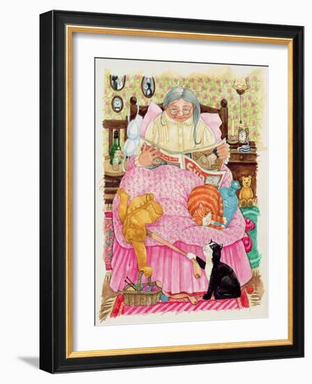 Grandma and 2 Cats and a Pink Bed-Linda Benton-Framed Giclee Print