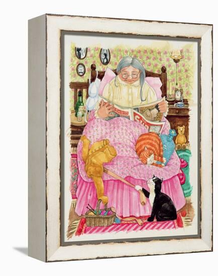 Grandma and 2 Cats and a Pink Bed-Linda Benton-Framed Premier Image Canvas