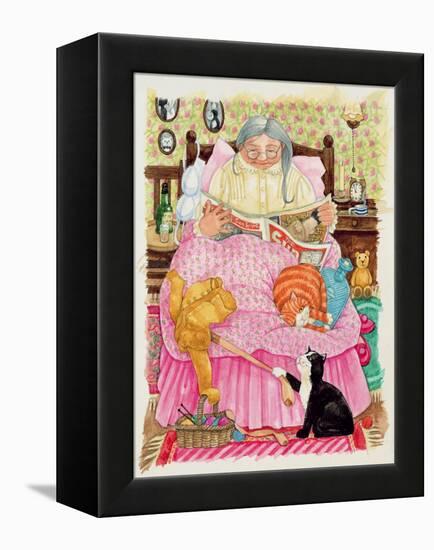 Grandma and 2 Cats and a Pink Bed-Linda Benton-Framed Premier Image Canvas