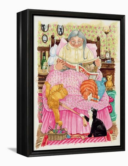 Grandma and 2 Cats and a Pink Bed-Linda Benton-Framed Premier Image Canvas