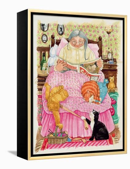 Grandma and 2 Cats and a Pink Bed-Linda Benton-Framed Premier Image Canvas