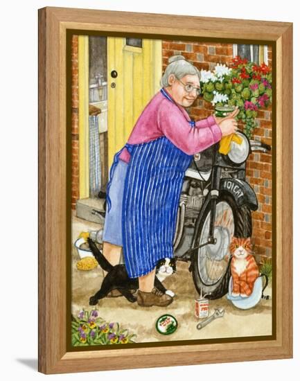 Grandma and 2 Cats and Motorbike (W/C on Paper)-Linda Benton-Framed Premier Image Canvas