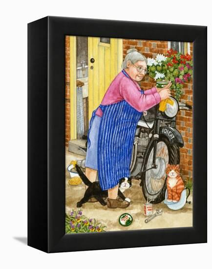 Grandma and 2 Cats and Motorbike (W/C on Paper)-Linda Benton-Framed Premier Image Canvas